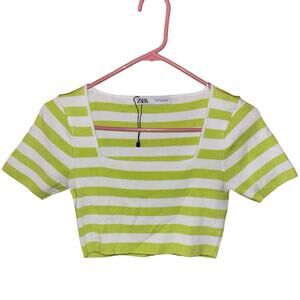 Zara women’s green white striped square-neck cropped top shirt (medium) NWOT